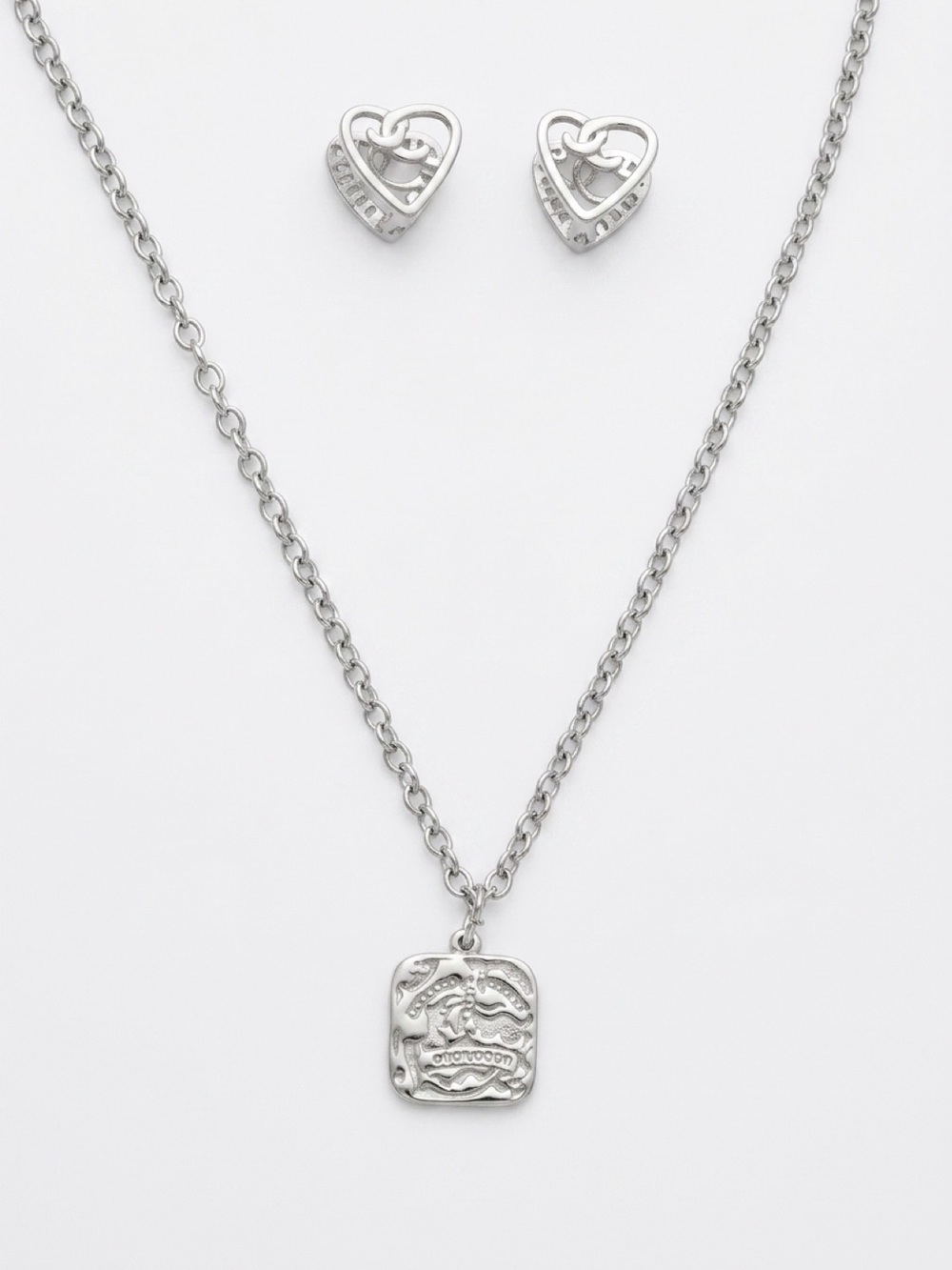 Silver Heart Studs and Pendant Silver Tone #5 Necklace Set